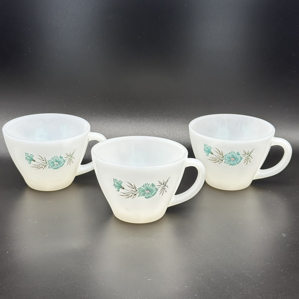 Vtg Fire King Bonnie Blue Tea Coffee Cup Milk Glass‎ Flower Set 3 MCM Core